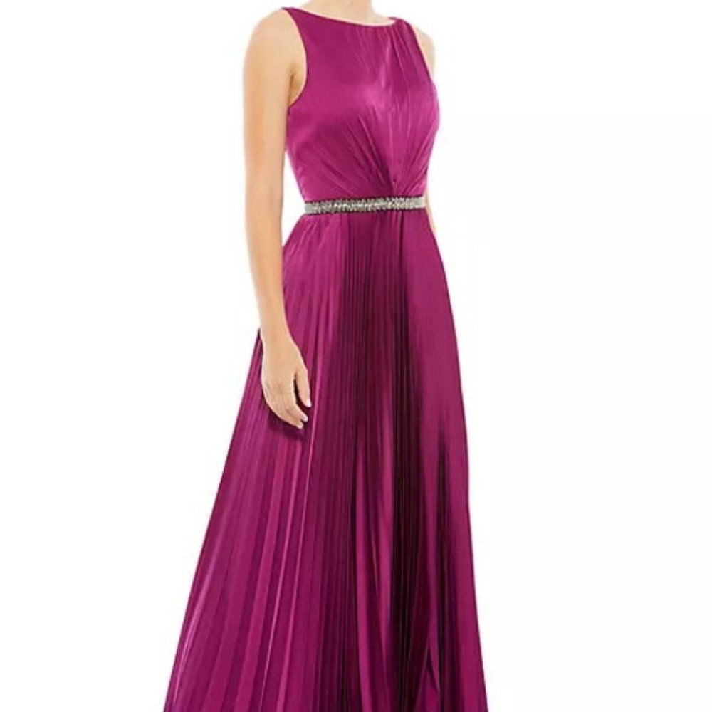 Ieena Mac Duggal Berry Crystal Pleated Satin A-Line Gown